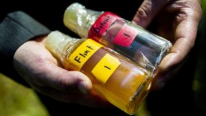 Credit: Jake May/AP Virginia Tech professor Marc Edwards shows the difference in quality between Detroit and Flint water after testing. 